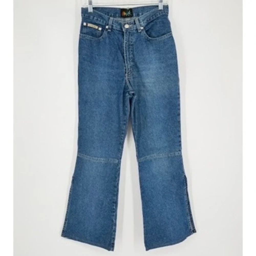 ActionWest Vintage High Waisted Wide Leg Blue Jeans Side Slit 100% Cotton Size 6